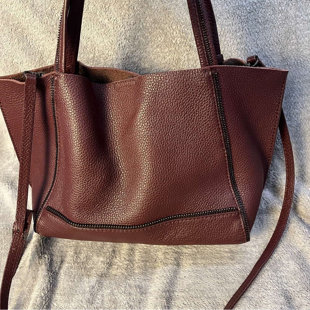 BOTKIER LEATHER SOHO EXPOSED ZIP TRIM TOTE SHOULDER BAG Wine With Crossbody - Picture 6 of 10